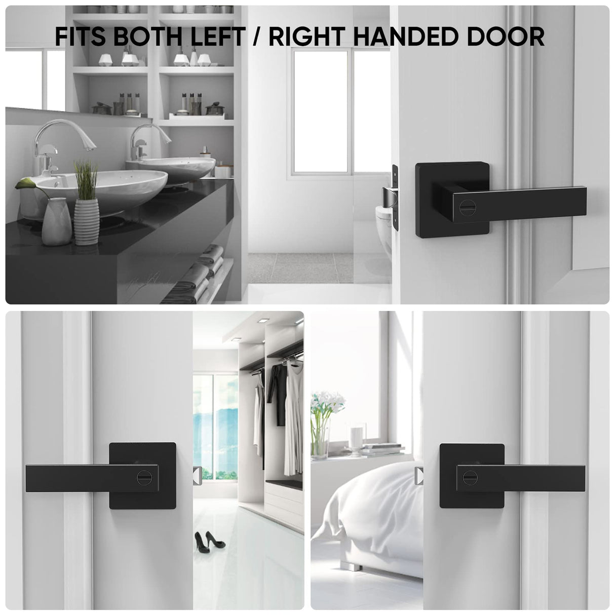 TICONN 5PK Matte Black Door Handles Interior, Reversible Square Door Levers Knob for Hallway, Bedroom, Bathroom (with Lock, 5PK Privacy)