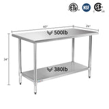 STABLEINK NSF Stainless Steel Table 24 x 60 Inches 5ft, Metal Prep & Work Tables with Adjustable Undershelf, for Commercial Kitchen, Restaurant, Hotel and Garage