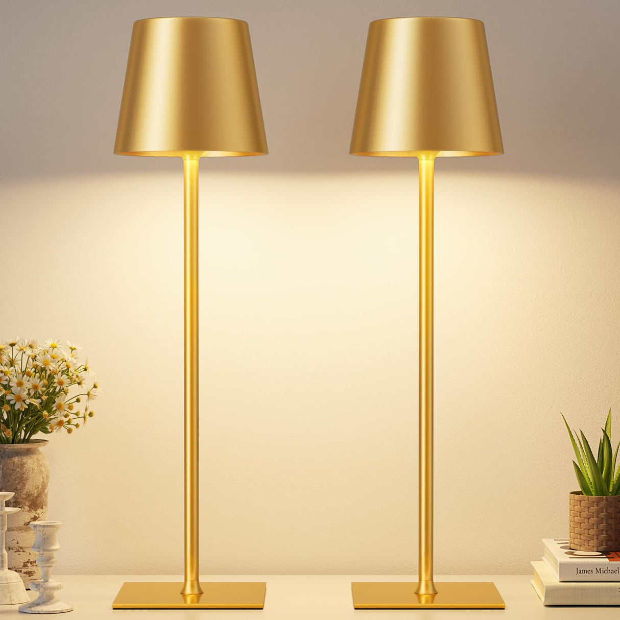 Gold Cordless Rechargeable Table Lamp, 2 Pack Portable Desk Lamp with 5000mAh Battery, Touch Control Stepless Dimming, Wireless Night Light for Dining, Outdoor Camping, Coffee Shop, Waterproof Design