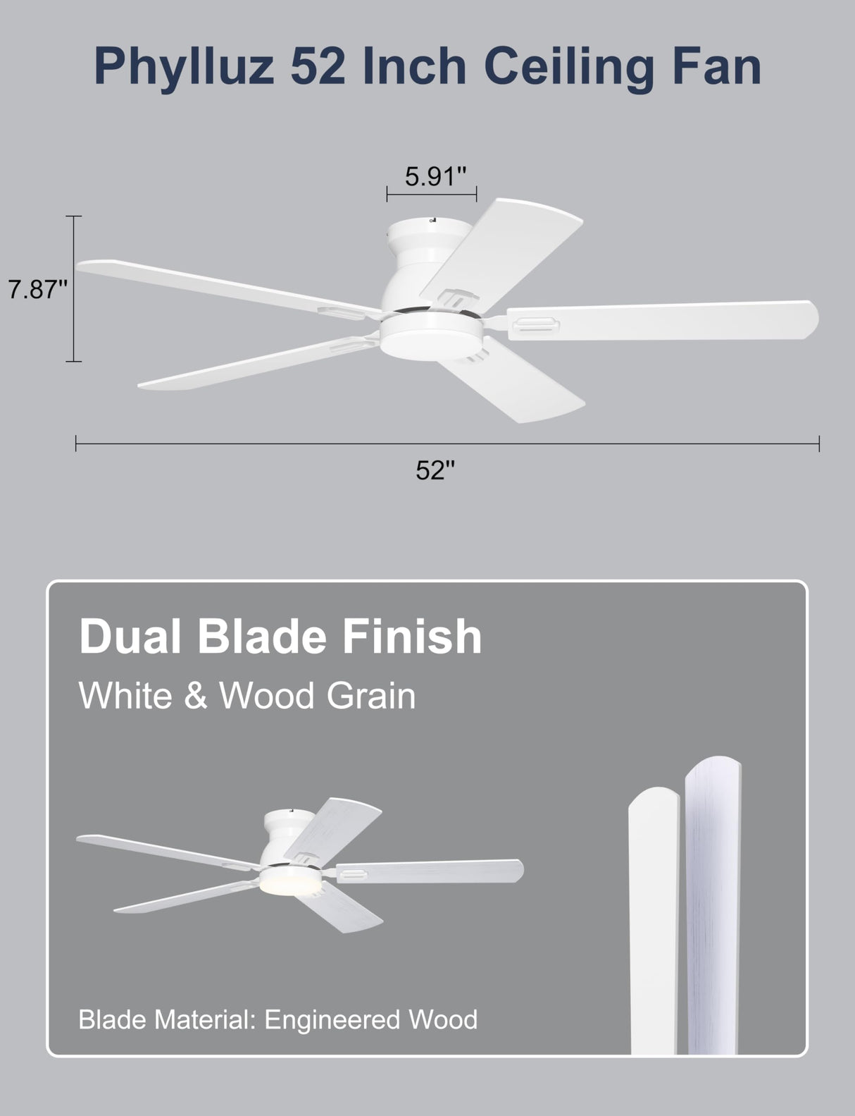 Phylluz 52'' Low Profile Ceiling Fan with Light, White Flush Mount Ceiling Fan for Low Ceilings, Quiet DC Motor, App/Remote Control, Modern Overhead Fan for Bedroom Living Room
