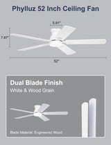 Phylluz 52'' Low Profile Ceiling Fan with Light, White Flush Mount Ceiling Fan for Low Ceilings, Quiet DC Motor, App/Remote Control, Modern Overhead Fan for Bedroom Living Room