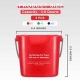 Roshtia 6 Pcs 3 Quart Cleaning Bucket Small Sanitizing Square Bucket Detergent Pail for Home Commercial Restaurant Kitchen Office School(Red, Blue, Green)