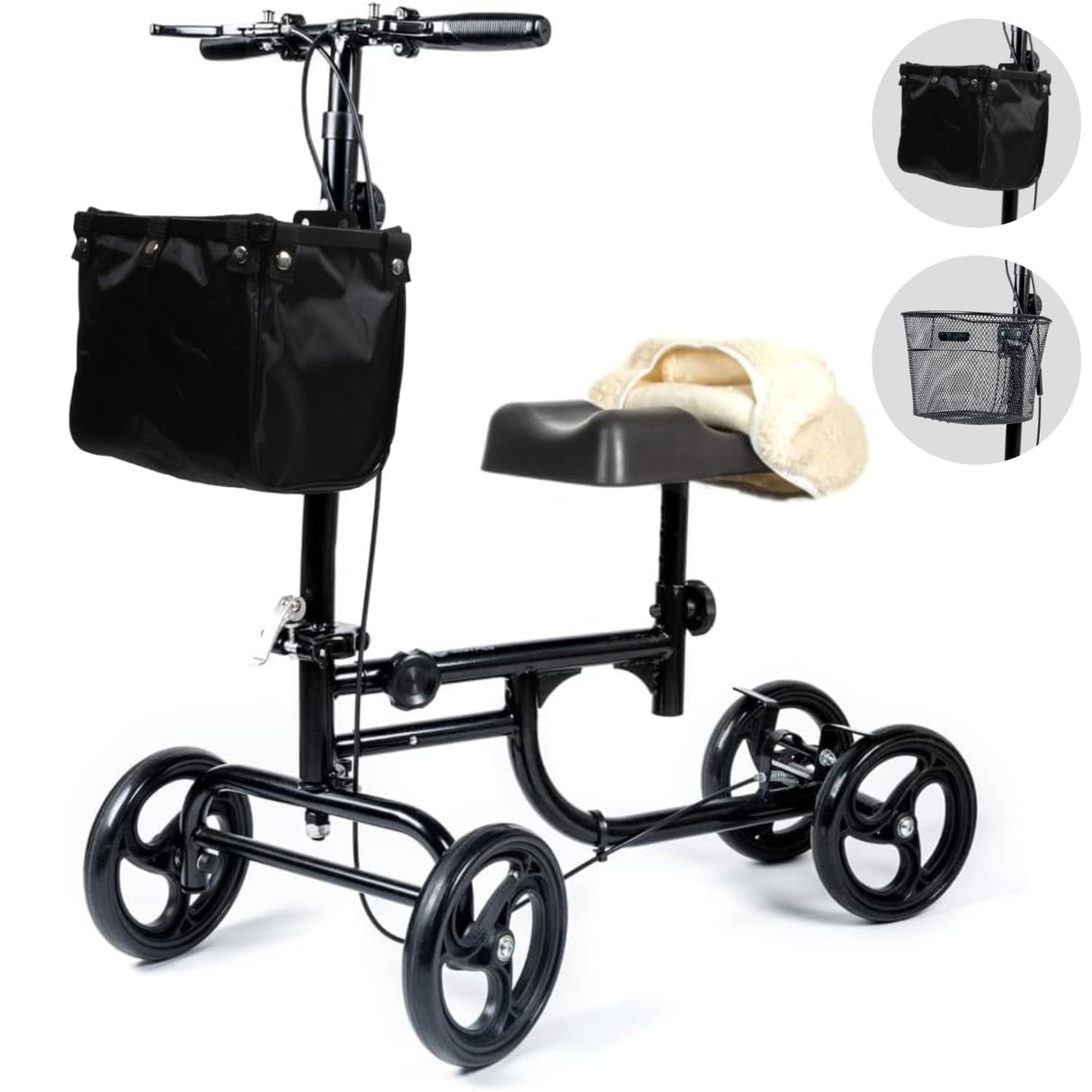 BodyMed Knee Walker for Injuries with Dual Brakes, Detachable Fabric Basket & Knee Pad Cover - Collapsible and Adjustable Scooter, Broken Leg Caddy, Alternative to Crutches