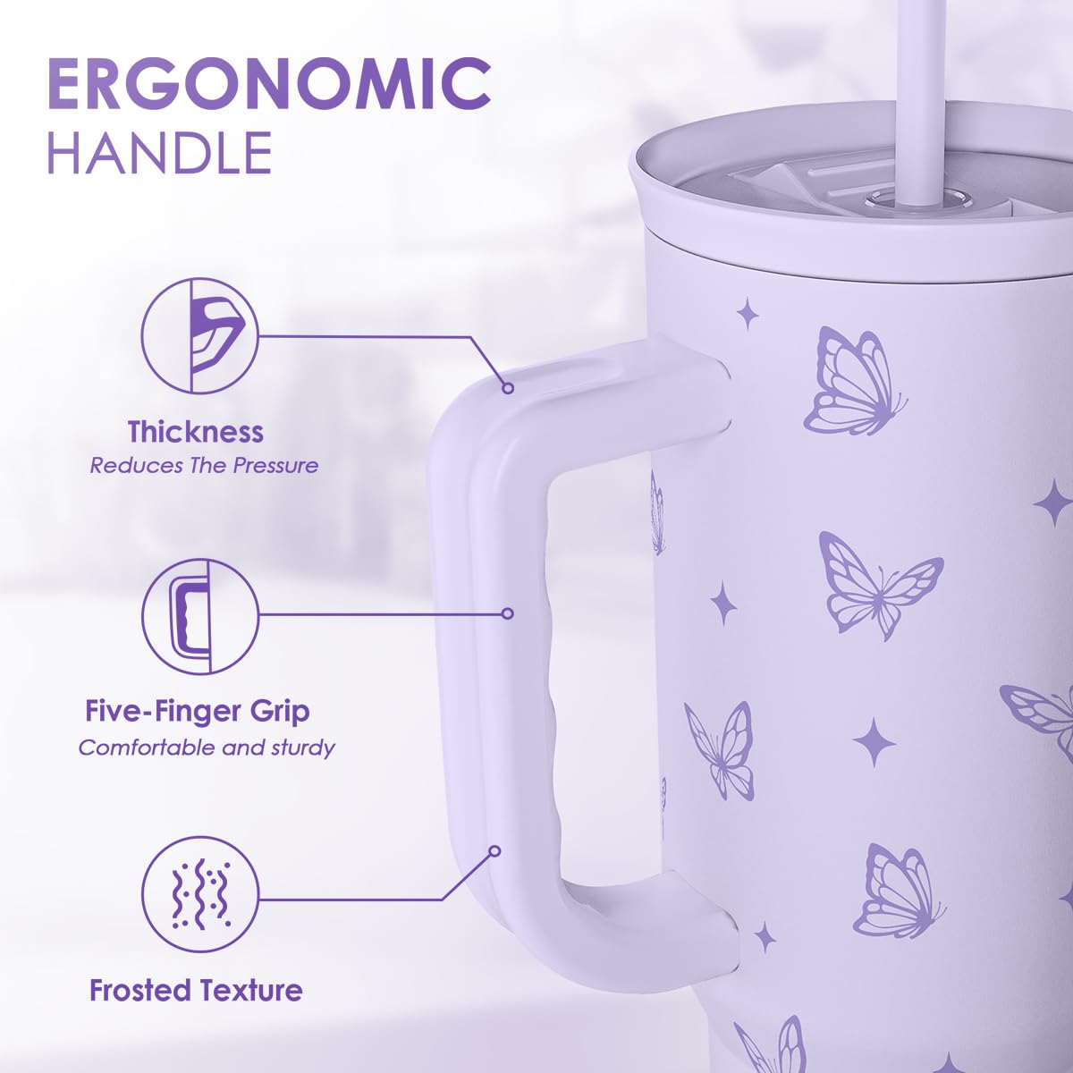 SANDJEST Butterfly Gifts for Women, Purple Butterfly Tumbler with Handle, Stainless Steel Insulated Coffee Travel Mug Cup, Gifts for Women Girls on Birthday Christmas, 40oz