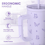 SANDJEST Butterfly Gifts for Women, Purple Butterfly Tumbler with Handle, Stainless Steel Insulated Coffee Travel Mug Cup, Gifts for Women Girls on Birthday Christmas, 40oz