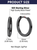 Bandmax Mens Black Small Huggie Hoop Earrings 925 Sterling Silver 10mm Round Huggy Ear Hoops Aretes Negros para Hombre Silver Ears Jewelry Gift for Women Men