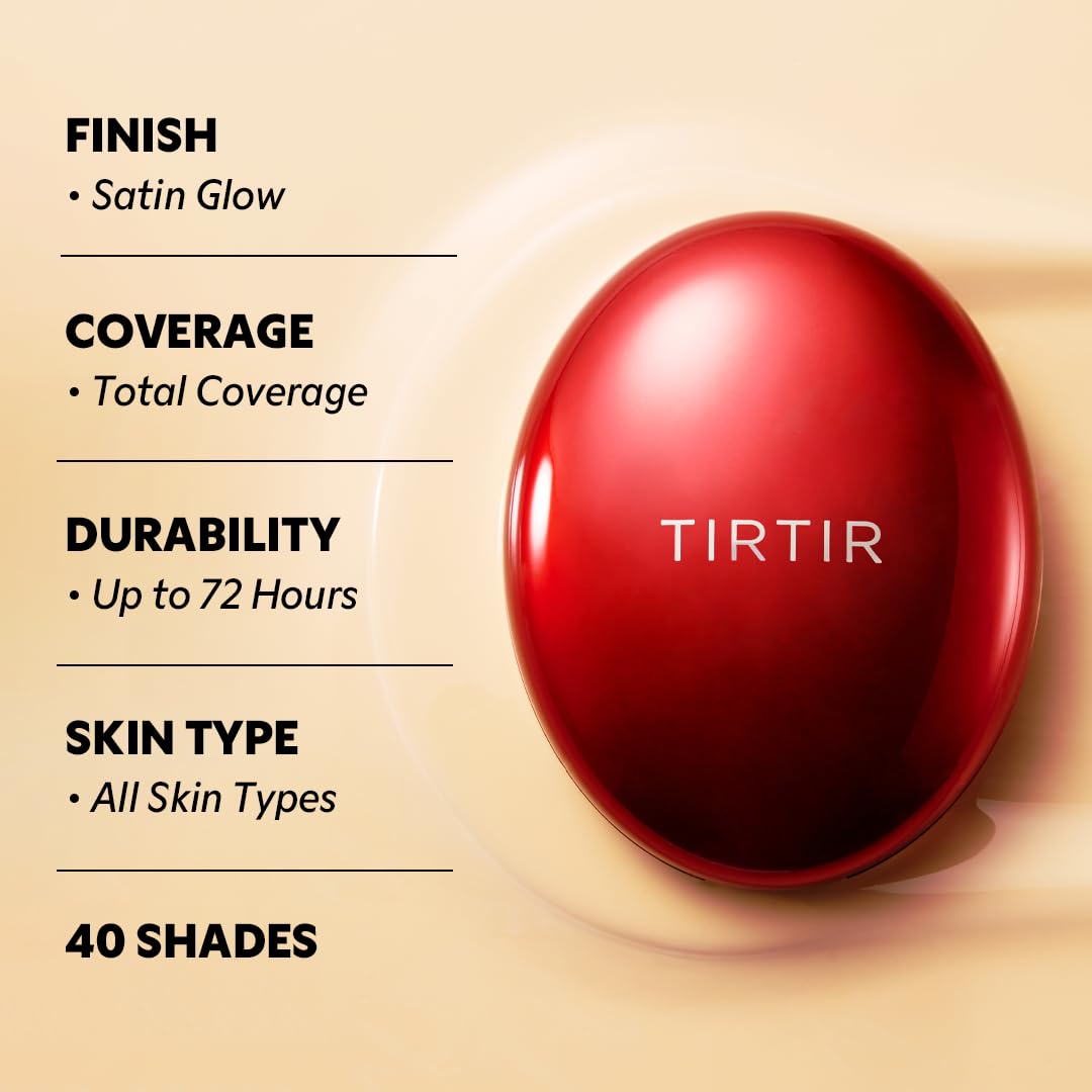TIRTIR Mask Fit Red Cushion Foundation | Full coverage, Weightless, Skin fit, Satin Glow Finish, Korean Makeup, beauty, Tattoo cover up, Buildable (#24W Soft Beige, 0.63 Fl Oz)