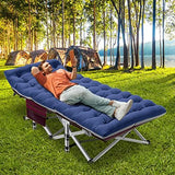 ABORON Folding Camping Cot W/Mat for Adults, Heavy Duty Outdoor Bed with Carry Bag,1200 D Layer Oxford Travel Camp Cots (1, Red Stripe with Blue Pad)