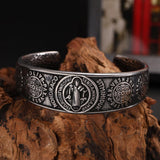 BaBakiak St Benedict Exorcism Medal Cuff Bracelet, Stainless Steel Christian Catholic Roman Cross Bangle, Patron Saint Amulet Medal Jewelry