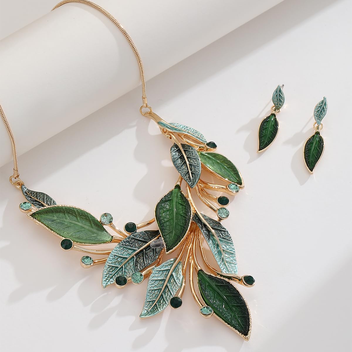 Mycitta Vintage Chunky Statement Jewelry Set 14k Gold Plated Retro Spring Green Leaf Floral Bohemian Boho Bib Necklace Earring Set Fashion Jewelry for Women Wedding Party Prom Unique Gift