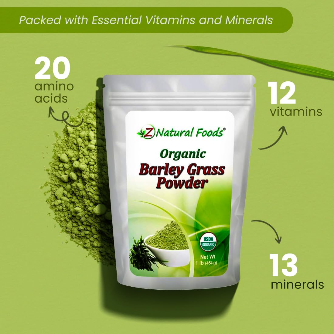 Z Natural Foods Organic Barley Grass Powder - USDA Organic Whole Food Green Blend for Energy Boost, Detox & pH Balance with Amino Acids, Minerals - Antioxidant Mix for Juice, Water, Smoothies, 1 lb