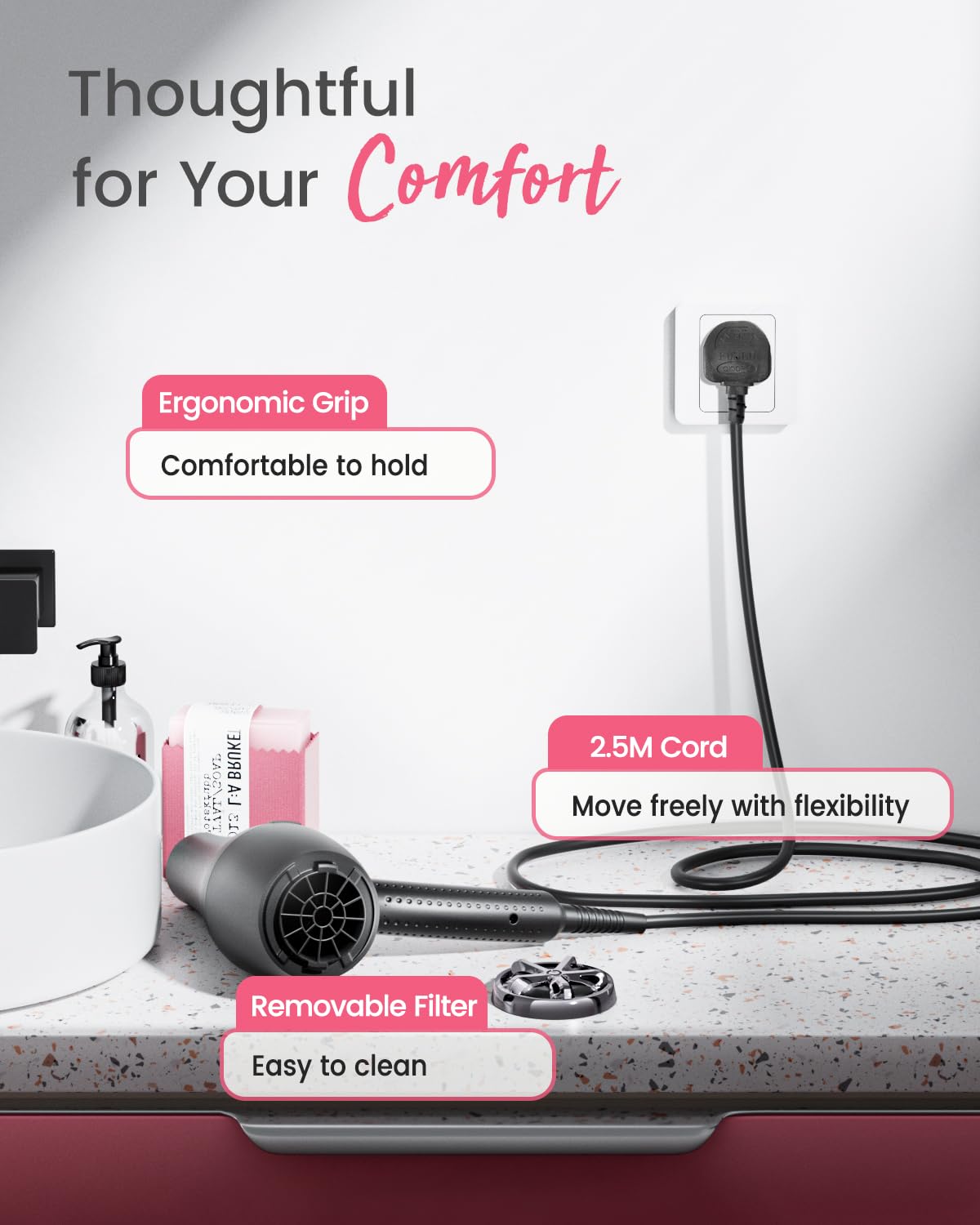 Dekuri Professional Ionic Hair Dryer AC Motor Fast Drying Salon Blow Dryer with Diffuser, Comb, Nozzle, Concentrator, for Curly and Straight Hair, 2 Speed & 3 Heat Setting, Cool Button, Black