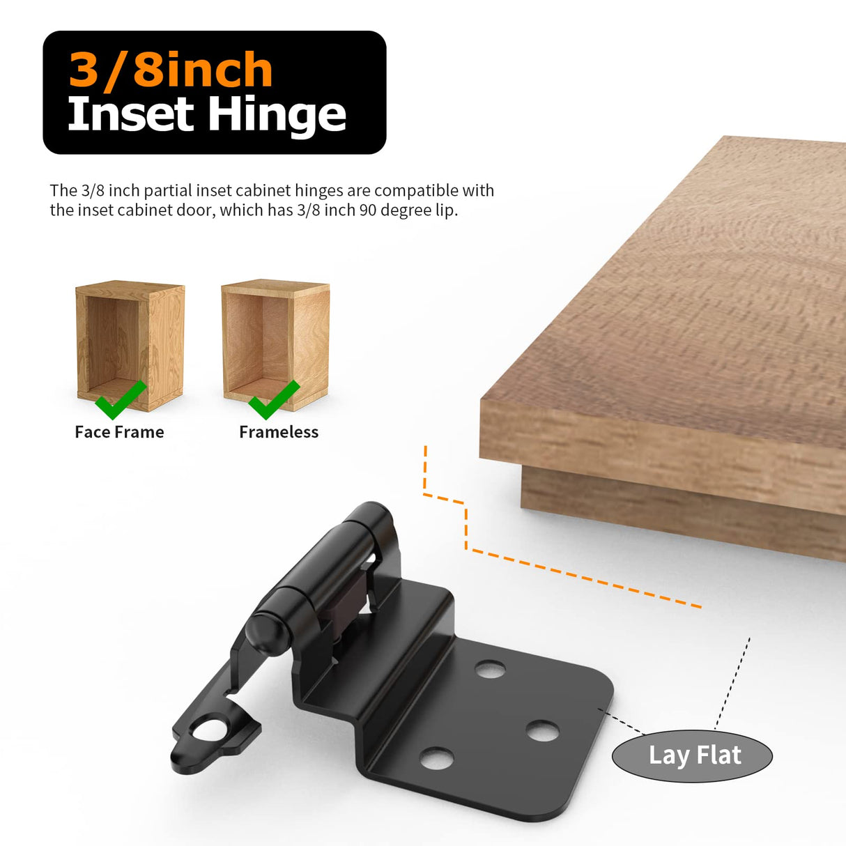 Chibery 3/8 Inch Inset Cabinet Hinges, 25 Pairs(50 Pack) Self Closing Flush Face Mount Hinges with Door Bumper, Variable Decorative Hardware for Bathroom, Furniture, Kitchen Cabinet Doors, Matte Black