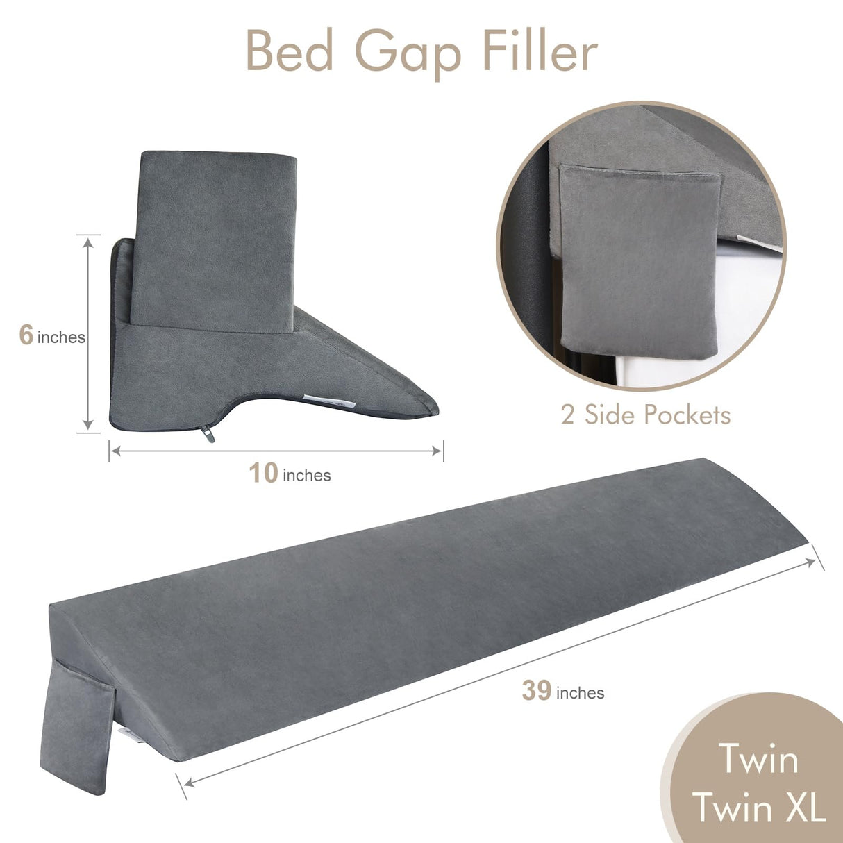 Vekkia Twin Bed Wedge Pillow for Headboard Gap Filler(0-5"),High-Density Foam,Prevents Pillows & Items from Falling,Ergonomic Design,Large Storage Pockets, Removable&Washable Cover,Gray,39''x10 x6