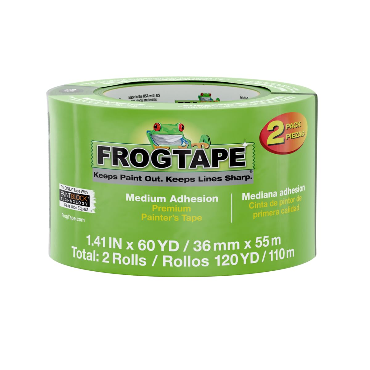 FrogTape Multi-Surface Masking Tape for Painting 36mm x 55m, Decorators Tape, Painters Masking Tape for Indoor Painting & Decorating - Pack of 2