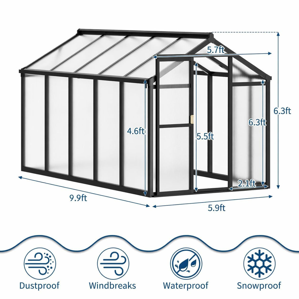 6x10 FT Greenhouse, Easy Assembly Aluminum Polycarbonate Greenhouses for Outdoors with Roof Vent, Large Aluminum Walk-in Greenhouse for Sunroom Patio, Backyard, Garden, Sliding Lockable Door, Black