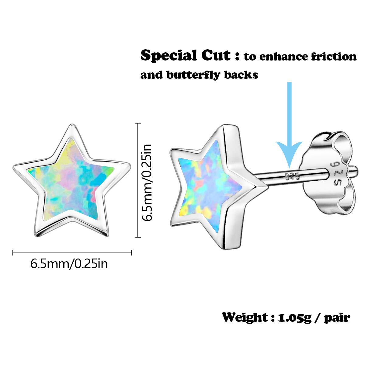 Hypoallergenic Star Girls Earrings, S925 Sterling Silver Post Fire Opal Stud Earrings For Women ARSKRO Tiny Little Small Cute Earring Jewelry Gifts for Kids Sensitive Ears