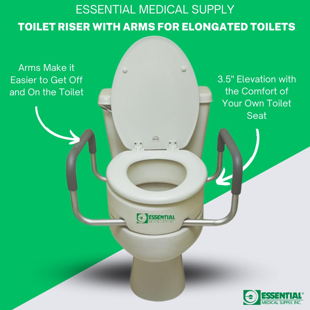 Essential Medical Supply Raised Elevated Toilet Seat Riser for an Elongated Toilet with Padded Aluminum Arms for Support and Compatible with Existing Seat, Elongated, 19 x 14 x 3.5