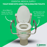 Essential Medical Supply Raised Elevated Toilet Seat Riser for an Elongated Toilet with Padded Aluminum Arms for Support and Compatible with Existing Seat, Elongated, 19 x 14 x 3.5