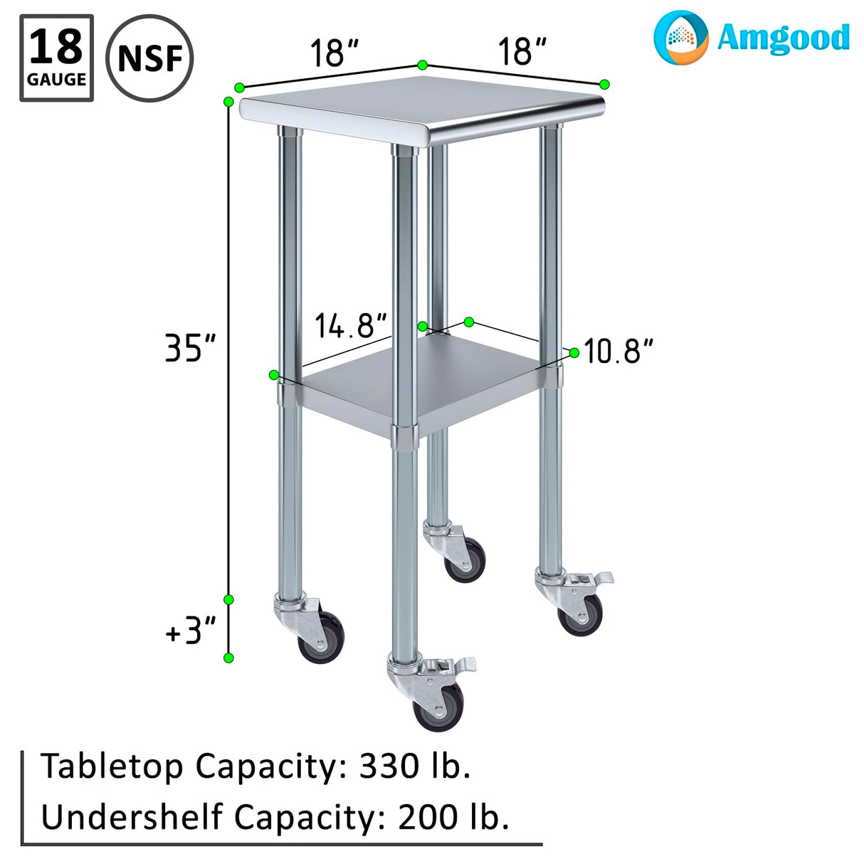 AmGood 18 in. x 18 in. Stainless Steel Work Table with Wheels | Metal Kitchen Food Prep Table | NSF