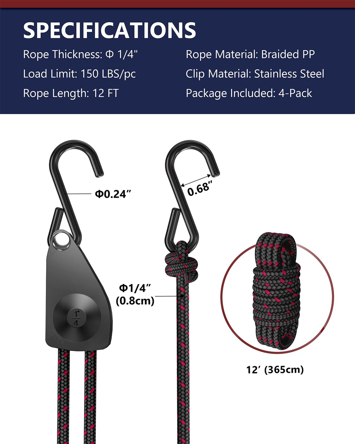 VIPARSPECTRA Ratchet Tie Down Straps, 1/4" Adjustable Rope Hangers [4 Pack, 12FT, 150 lbs/Pack], Heavy Duty Kayak Pulley System with Hooks for Garage Cargo Trucks Tents Grow Lights Various Lashing