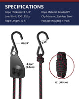 VIPARSPECTRA Ratchet Tie Down Straps, 1/4" Adjustable Rope Hangers [4 Pack, 12FT, 150 lbs/Pack], Heavy Duty Kayak Pulley System with Hooks for Garage Cargo Trucks Tents Grow Lights Various Lashing