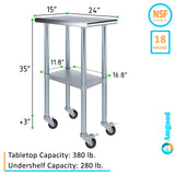 AmGood 24 in. x 15 in. Stainless Steel Work Table with Wheels | Metal Kitchen Food Prep Table | NSF