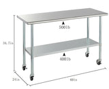 ROCKPOINT Stainless Steel Table for Prep & Work with Caster Wheels 24x60 Inches, NSF Metal Commercial Kitchen Heavy Duty Table with Adjustable Under Shelf and Table Foot for Restaurant, Home and Hotel