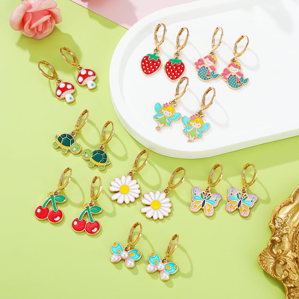 16 Pairs Hypoallergenic Dangle Hoop Earrings for Girls Teens Kids Women Cute Flower Animal Earrings Small Hoop Earrings Sets with Charms (Cute)