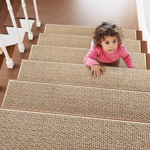 PADOOR Non Slip Stair-Treads,Rubber Backing Stair-Runners for Wooden Steps,15PCS Residue Free Carpet Stair Treads for Kids and Dogs 8"x30" Beige