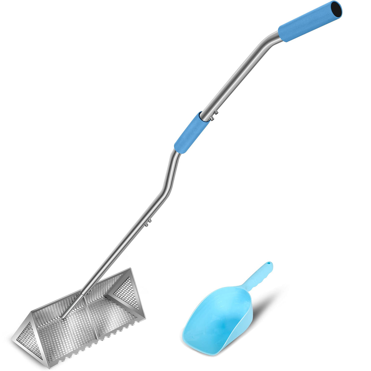 LOSTRONAUT Sand Flea Rake Pro, 52" Heavy Duty Beach Rake with Large 16" Basket, Sand Crab Catcher with Non-Slip Comfy Ergonomic Handle for Collecting Fleas, Shark Teeth, and Seashells - Beach Sifter