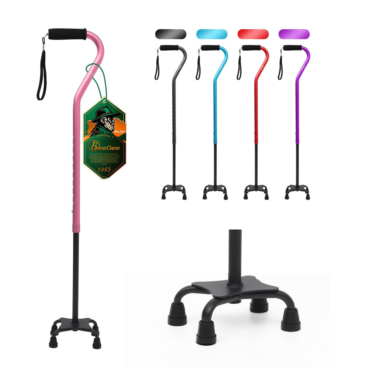 BeneCane Quad Cane Adjustable Walking Cane with Offset Soft Cushioned Handle for Men & Women Lightweight Comfortable with 4-Pronged feet for Extra Stability(Pink)