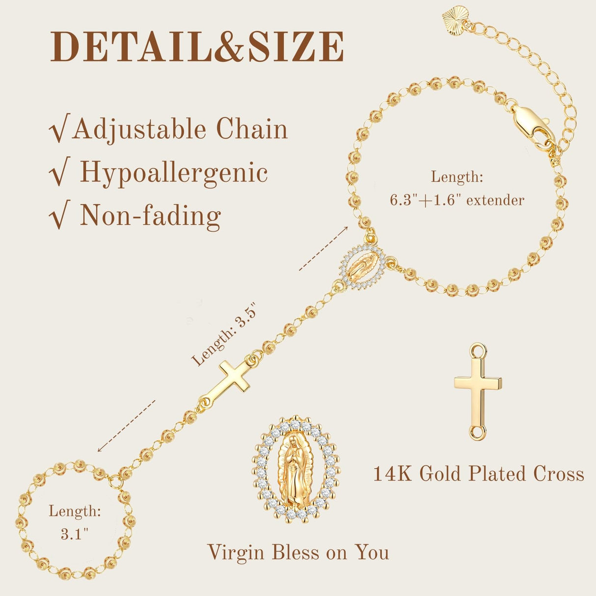 Gold Rosary Hand Chain Bracelet - 14K Gold Plated Virgin Mary Cross Ring Bracelets,Dainty Non Tarnish Golden Hand Chains Rosarios Catolicos Jewelry,Religious Rosary Beads Hand Bracelet Gift for Women