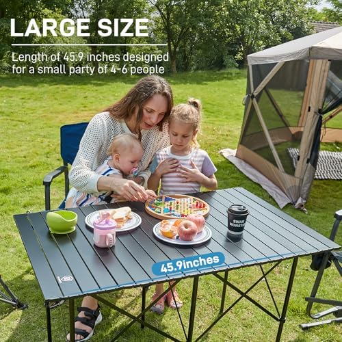 EVER ADVANCED Camping Table, Fold up Lightweight, 4-6 Person Portable Roll up Aluminum Table with Carry Bag for Outdoor, Support Up to 110LBS, Black
