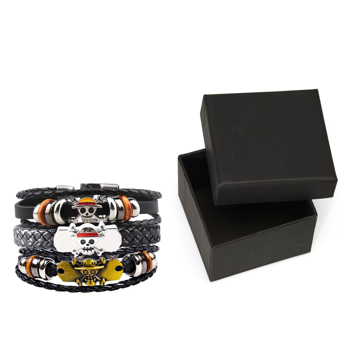 Nuahyaz 3Pcs Anime Leather Bracelets, Skull Punk Alloy Cuff Wristband