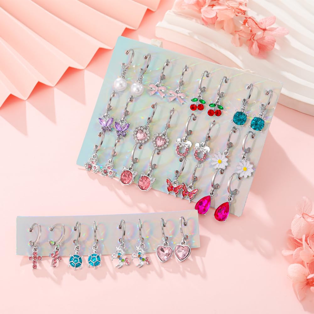 16 Pairs Hypoallergenic Silver Dangle Hoop Earrings for Girls Teens Kids Cute Girls Earrings Animal Small Hoop Earrings Set Pink Jewelry
