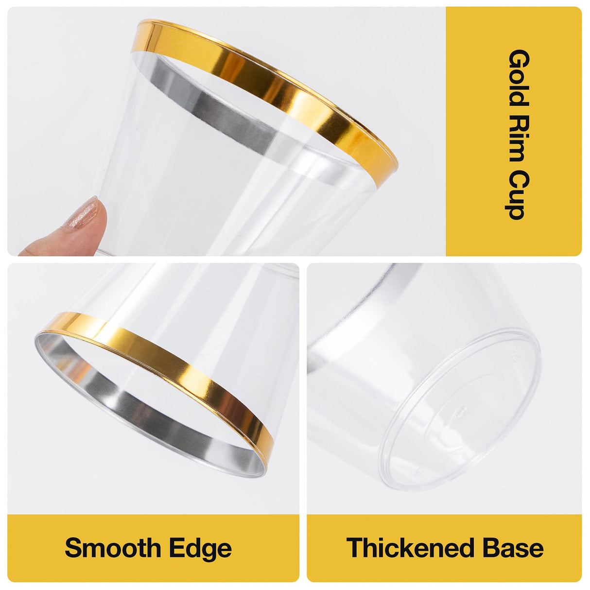 Goodluck 200PCS 9oz Gold Plastic Cups for Party, Disposable Gold Rim Cups, Plastic Cocktail Glasses for Wedding Thanksgiving, Christmas, and Parties