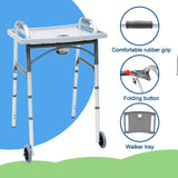 Loyoda Foldable Walker with Tray，Lightweight Folding Walker with 5" Wheels Height Adjustable Aluminum Standard Walkers for Seniors up to 350 lbs