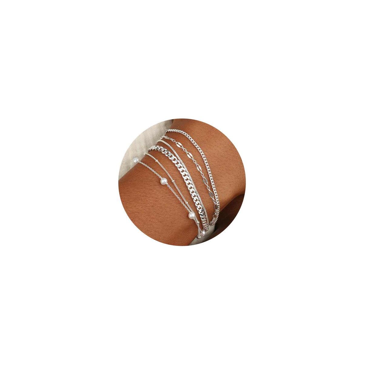 MBW Silver Bracelets for Women Trendy, Dainty 14K Silver Plated Cuban Link Chain Pearl Bracelet Silver Stackable Bracelet Stack Waterproof Tiny Cute Bracelet Set Layering Bracelet Minimalist Jewelry