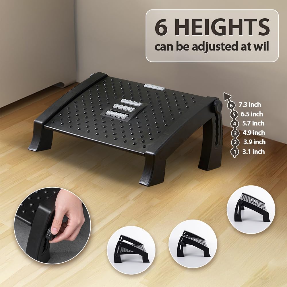 CasaZenith Foot Rest, Six Heights Adjustable Foot Rest for Under Desk at Work, Ergonomic Foot Stool for Under Office Desks, Under Desk Footrest with Foot Massage Roller, Office Leg Rest (Classics)