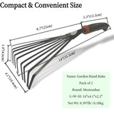 2 Pack Small Hand Rake for Gardening, Mini Leaf & Shrub Rake with Durable Steel Tines, Ergonomic Non-Slip Handle for Flower Beds, Lawn, Leaves & Yard Cleanup