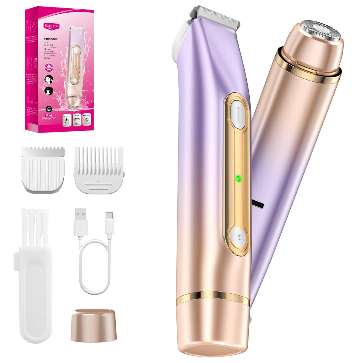 PVBKZ 2 in 1 Bikini Trimmer for Women, Dual Head Electric Razor, IPX7 Waterproof Wet/Dry Use Women Electric Shaver, Painless Body Facial Hair Remover for Bikini Legs Arm Underarm, Rechargeable
