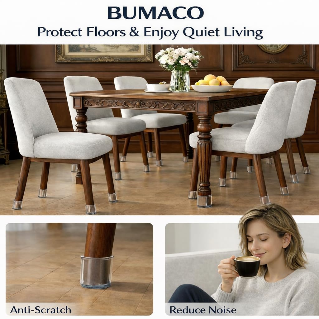 BUMACO Chair Leg Floor Protectors Square Chair Leg Protectors for Hardwood Floors Silicone Pads Covers to Protect Floors Clear-40 Pcs Square S Fit （3/4" ~ 1-1/16"