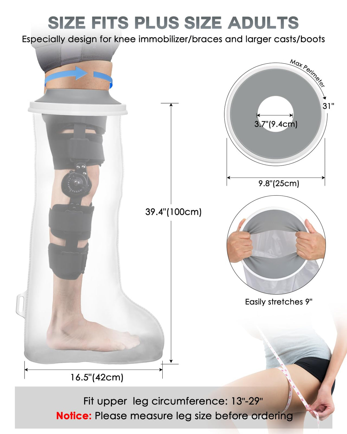 Waterproof Extra Wide Full Leg Cast Cover for Shower after Knee Surgery with Upgrade Non-Slip Bottom, Watertight Leg Cast Protector for Knee Immobilizer/Brace, Bandage Wounds, Walking Boots, Reusable