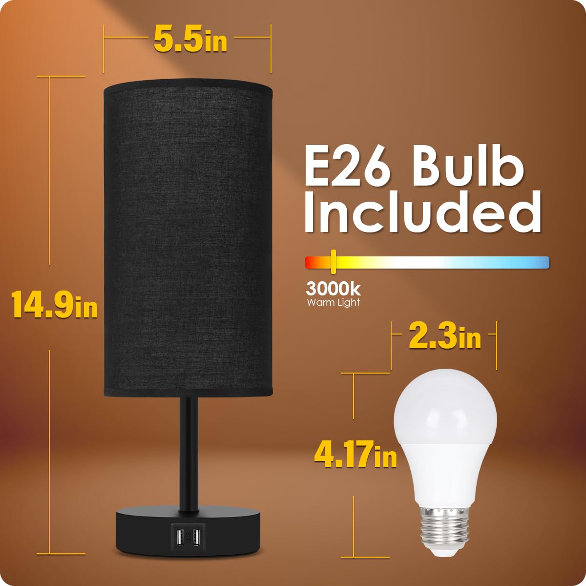 Yarra-Decor Bedside Lamp with USB Port - Touch Control Table Lamp for Bedroom 3 Way Dimmable Nightstand Lamp with Round Black Fabric Shade for Living Room, Dorm, Home Office (LED Bulb Included)