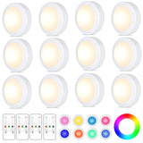 Yiliaw 12 Pack LED Puck Lights Remote Control 16 Color Changeable Under Cabinet Lights, Battery Operated Lights Night Light with Dimmer & Timmer for Closet Bedroom Kitchen, White
