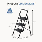 DUMOS 3 Step Ladder, Sturdy Step Stool with Anti-Slip Pedal & Comfortable Handrail, Portable Heavy Duty Step Stool for Kitchen, Garage & Outdoor Use, 800lbs, Black