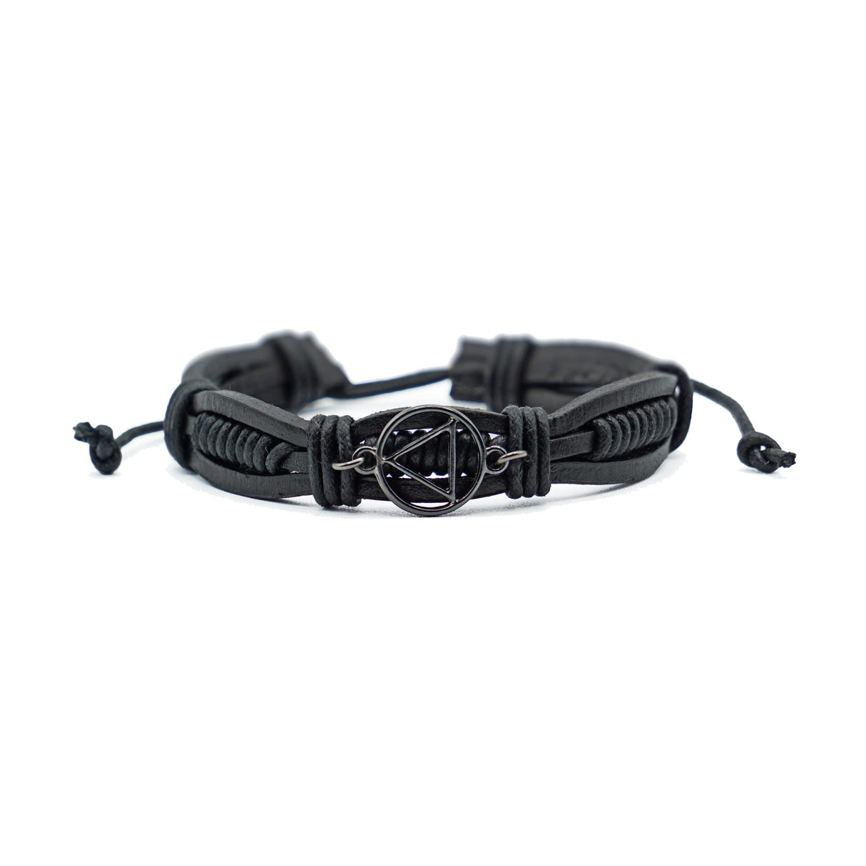 Adjustable Black Leather AA Bracelet with Alcoholics Anonymous Charm