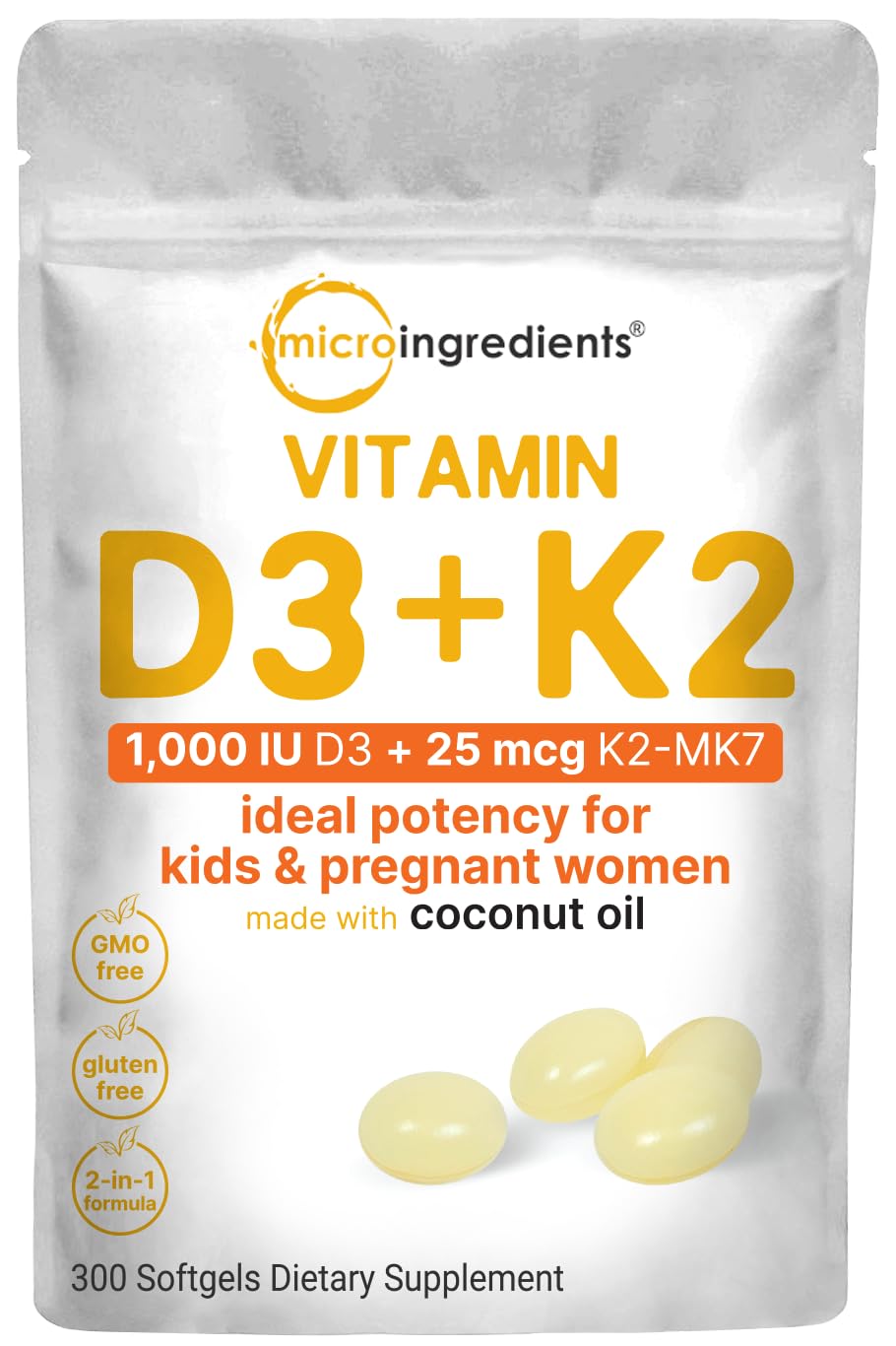 Micro Ingredients Vitamin D3 1,000 IU + K2 MK-7 25 mcg, 300 Softgels | Virgin Coconut Oil | 2-in-1 Bone, Immune & Heart Support | Easy to Swallow, Non-GMO