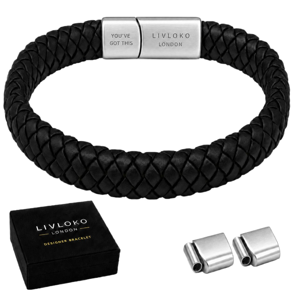 LIVLOKO LONDON Handcrafted Mens Braided Leather Bracelet for Men, Adjustable Stainless Steel Clasp Wrist Bracelet, Motivational Meaningful Personalized Gift for Him, Birthday Fathers Day Gift with Premium Gift Box, Black